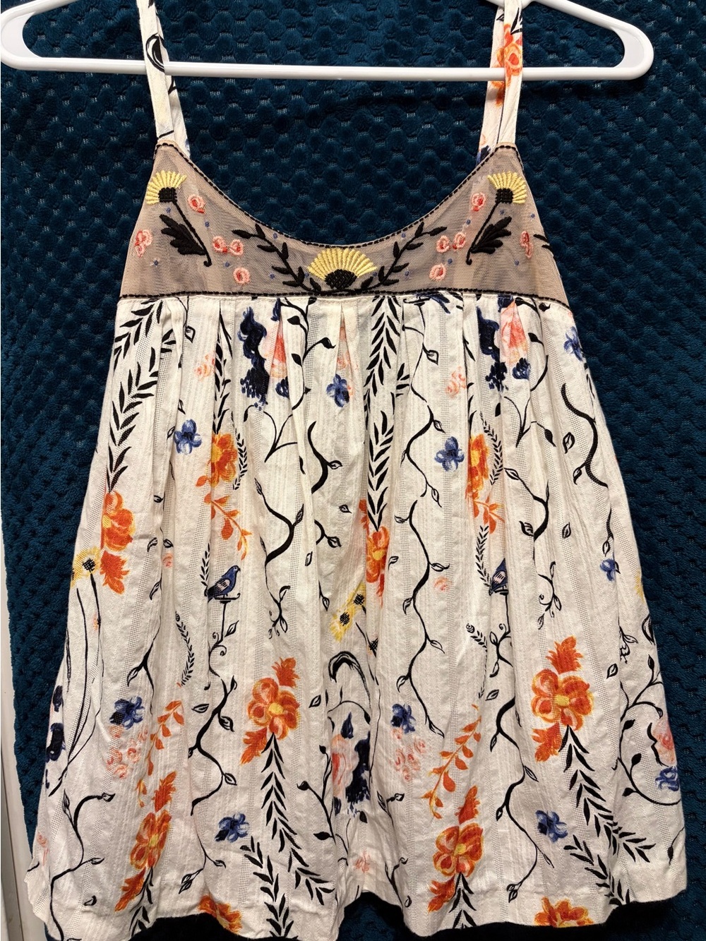 Floral Embroidered Spaghetti Strap Tank Top - White with Orange & Blue Floral